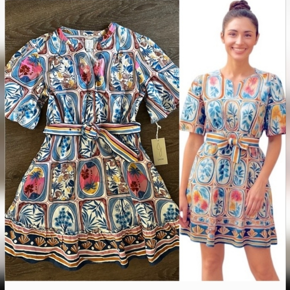 Joie Floral Tile Print Belted Short Dress - Blue Multi